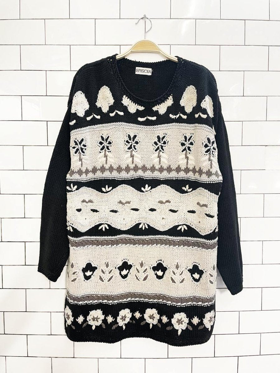 vintage 80s episcia hand - knit metallic florals cotton sweater - good market thrift store