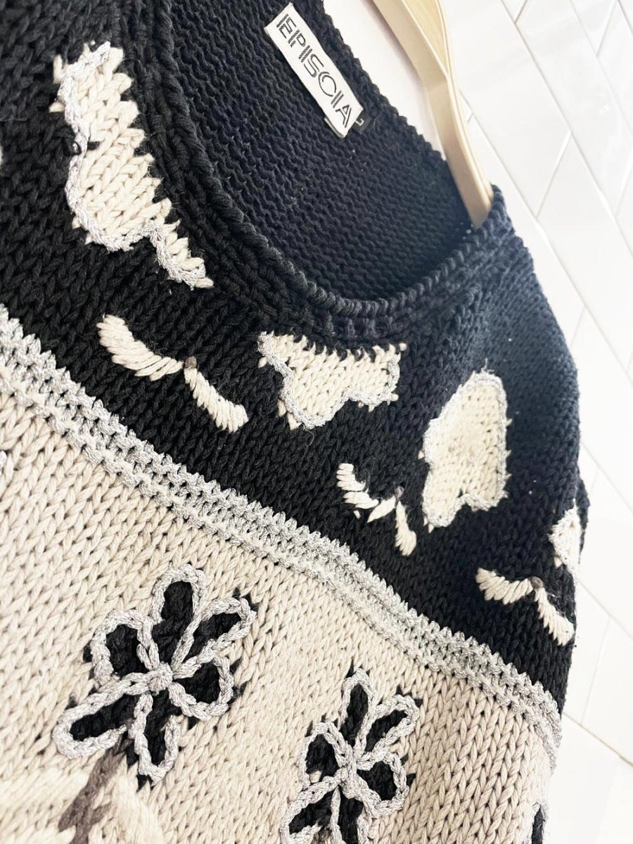 vintage 80s episcia hand - knit metallic florals cotton sweater - good market thrift store