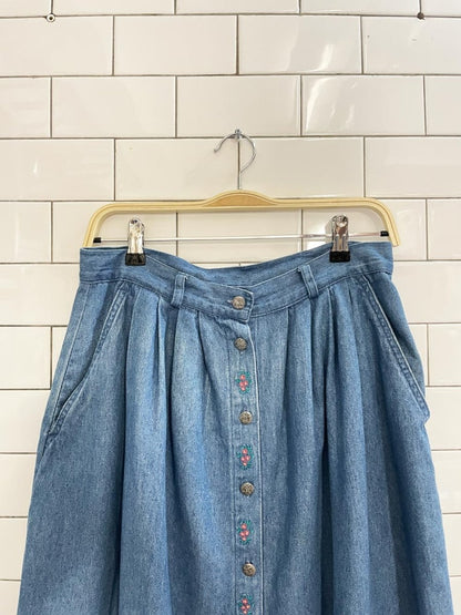 vintage 90s NR embroidered full button denim midi skirt - good market thrift store