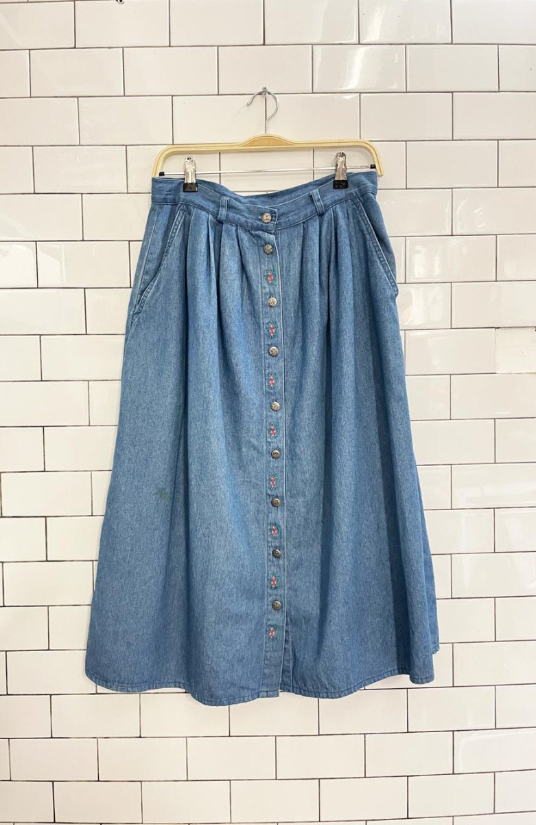 vintage 90s NR embroidered full button denim midi skirt - good market thrift store