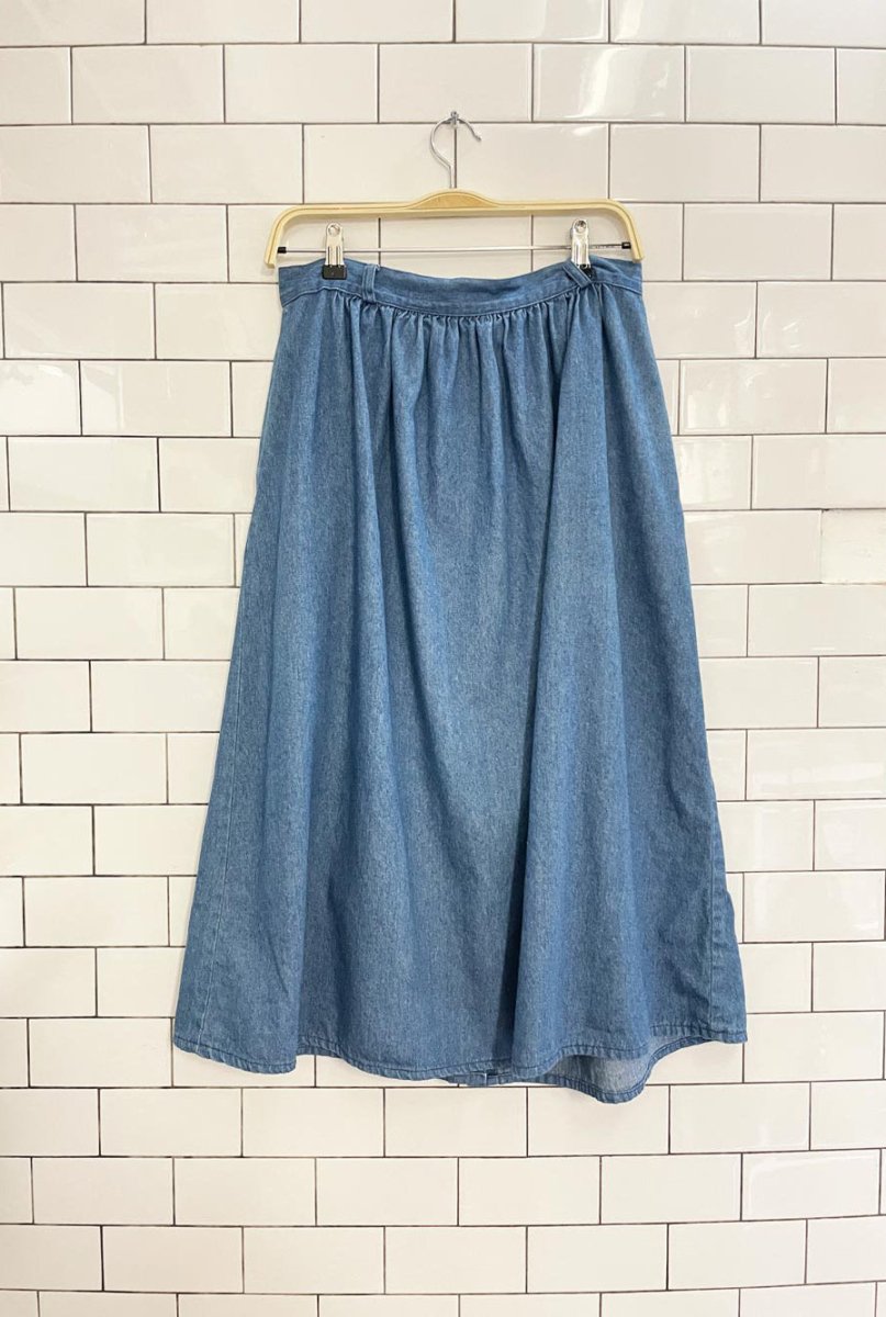 vintage 90s NR embroidered full button denim midi skirt - good market thrift store