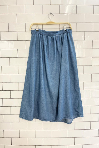 vintage 90s NR embroidered full button denim midi skirt - good market thrift store