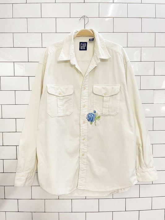 rework x vintage gap corduroy blue rose patch shirt jacket - good market thrift store