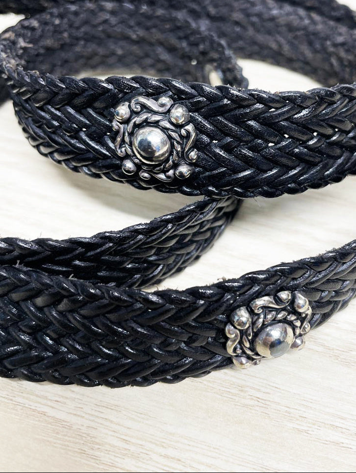 vintage braided leather silver floral studded western belt