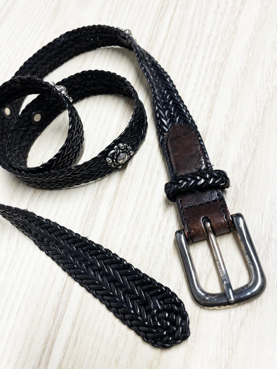 vintage braided leather silver floral studded western belt