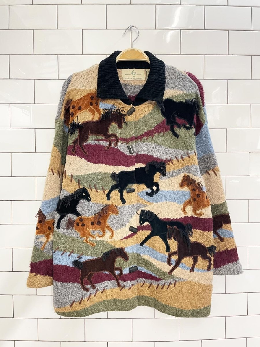vintage 00s design options patchwork horses knit cardigan | philip & jane gordon - good market thrift store