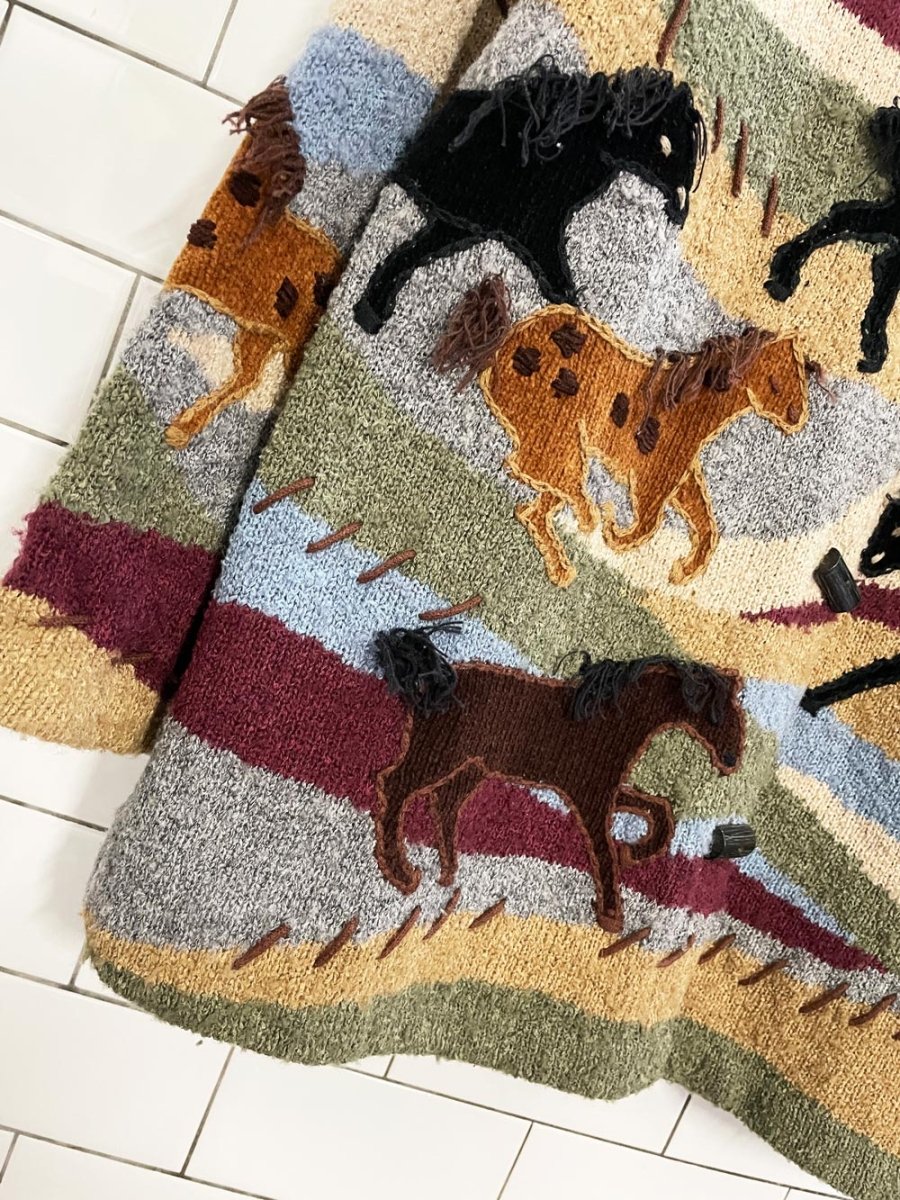 vintage 00s design options patchwork horses knit cardigan | philip & jane gordon - good market thrift store