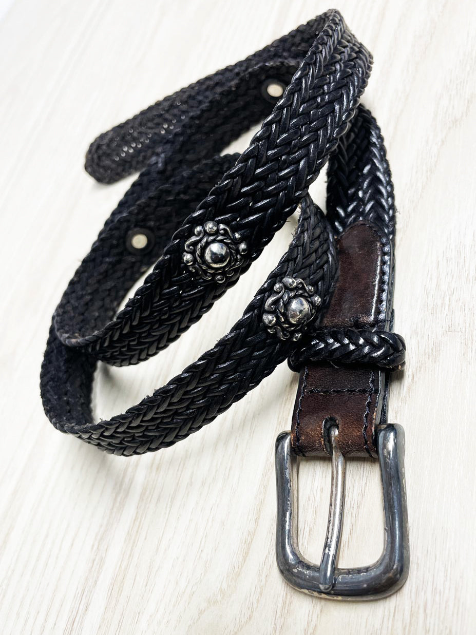 vintage braided leather silver floral studded western belt