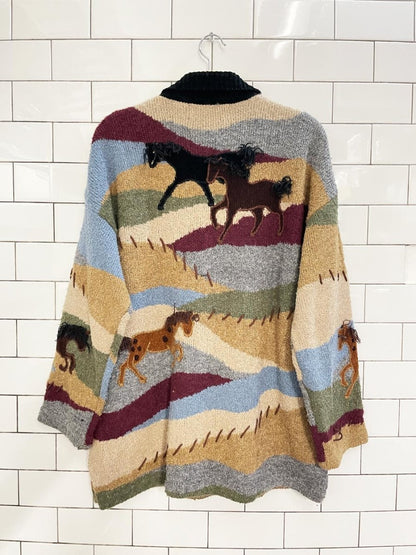 vintage 00s design options patchwork horses knit cardigan | philip & jane gordon - good market thrift store