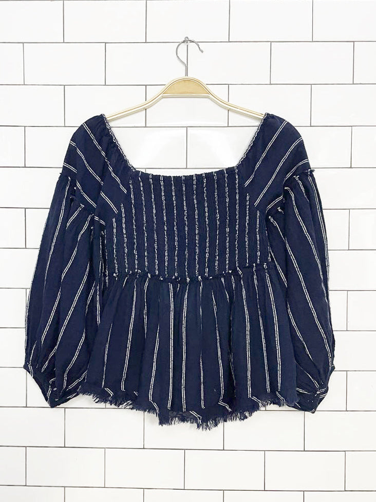nwt free people boho pinstripe smocked-back peasant top | made in India