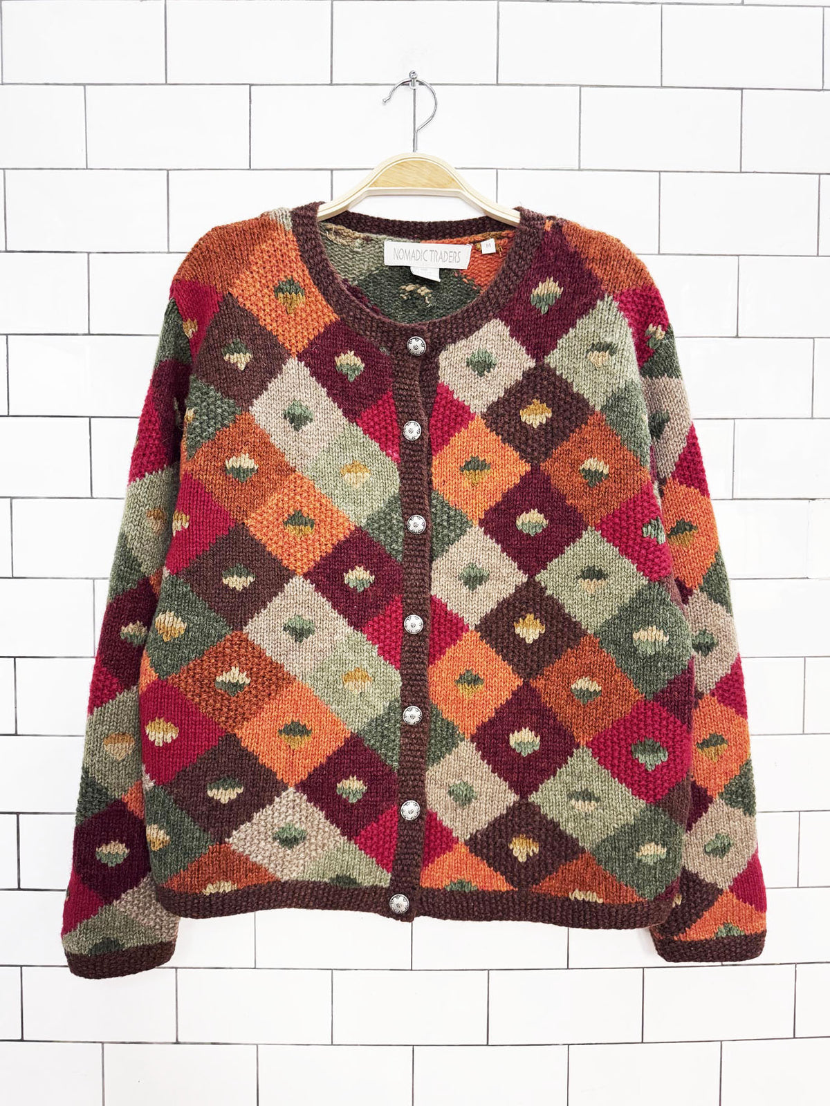 vintage nomadic traders wool-blend argyle autumn knit boxy cardigan