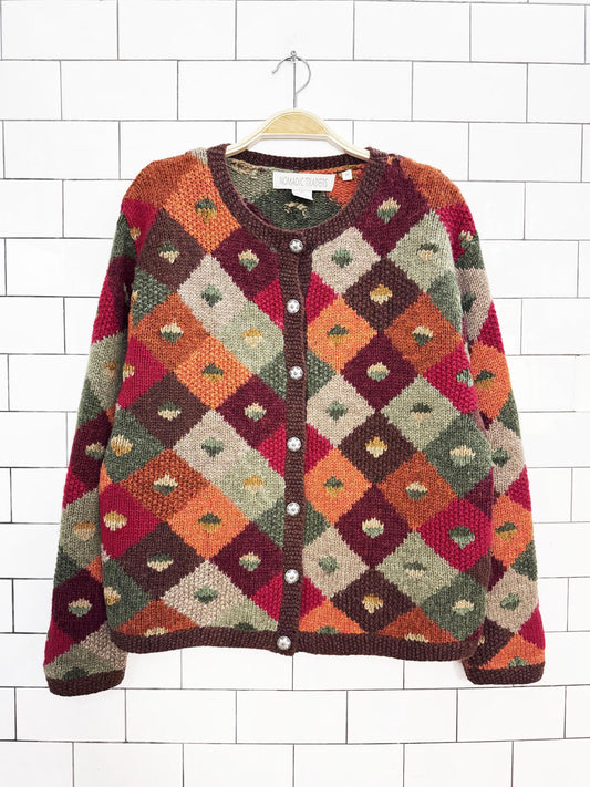 vintage nomadic traders wool-blend argyle autumn knit boxy cardigan