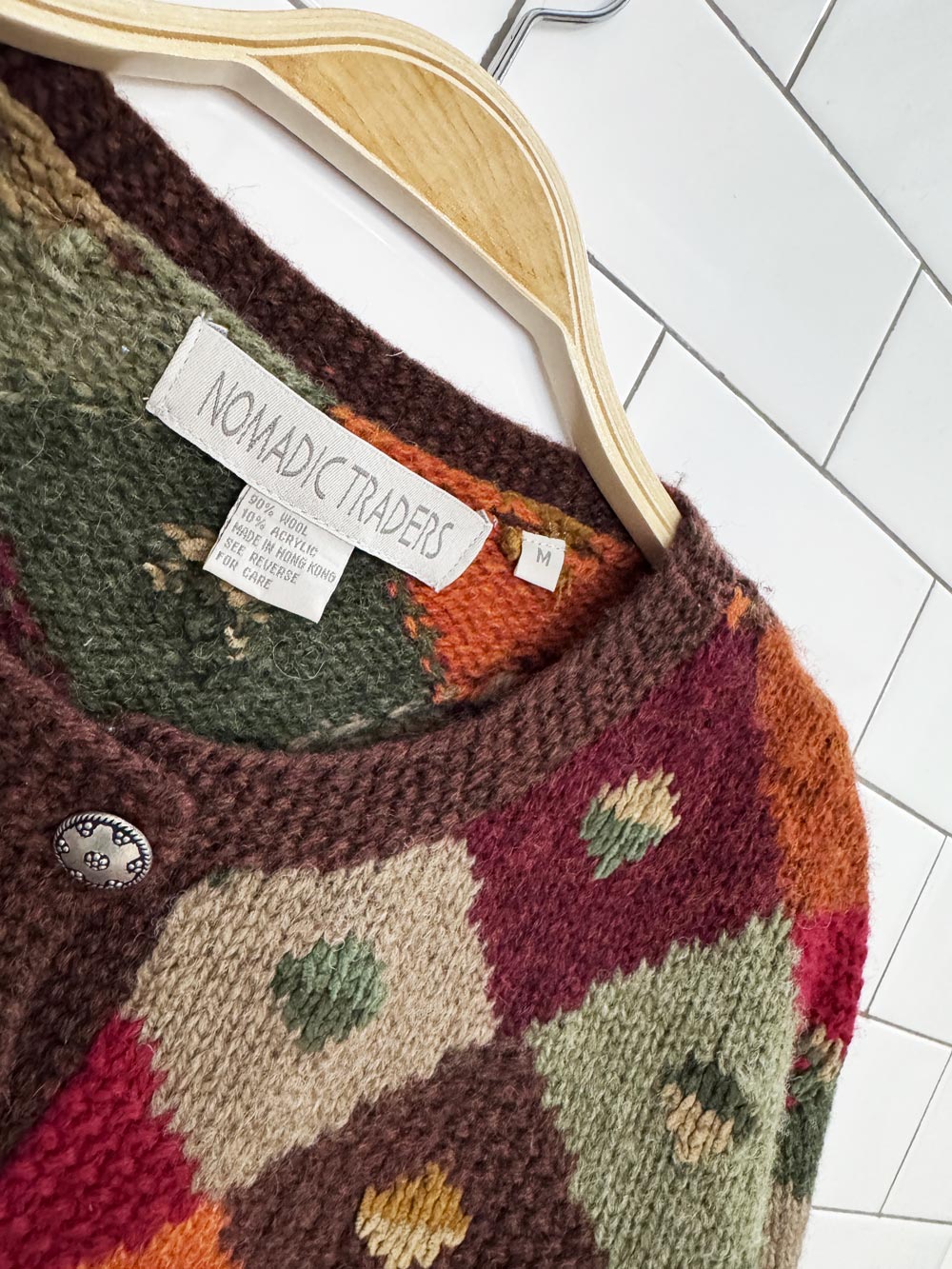 vintage nomadic traders wool-blend argyle autumn knit boxy cardigan
