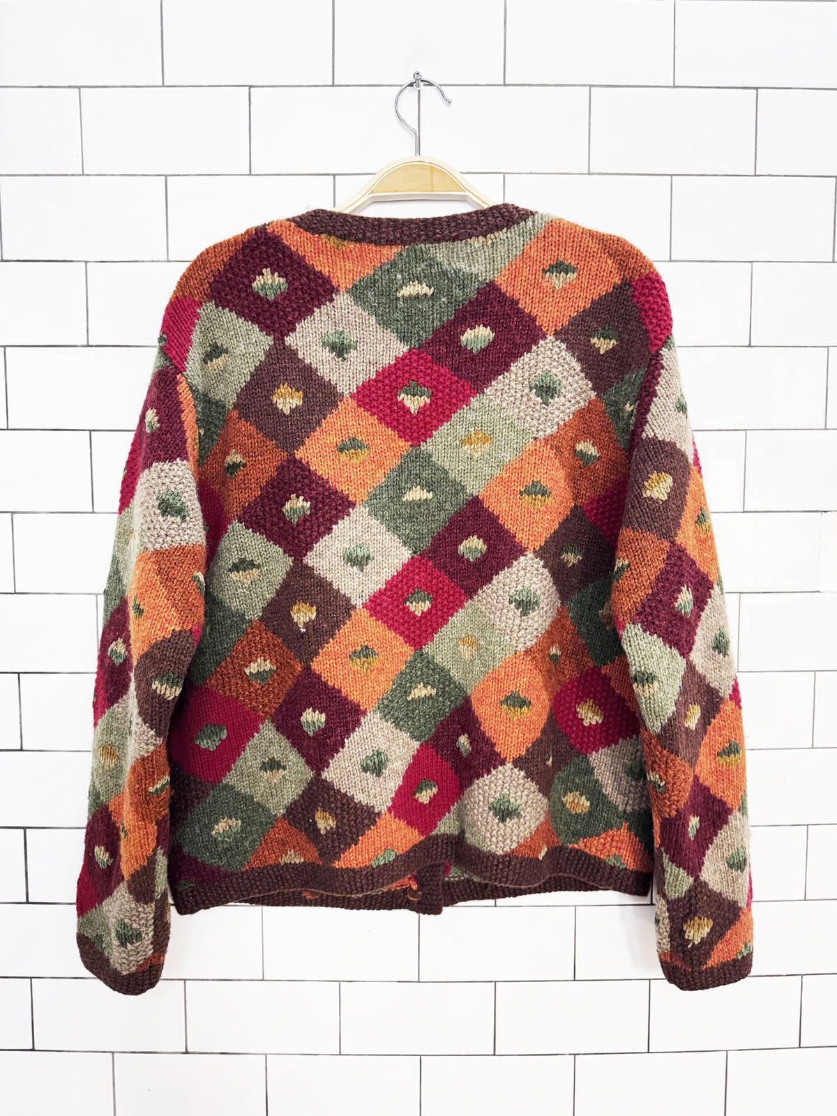 vintage nomadic traders wool-blend argyle autumn knit boxy cardigan