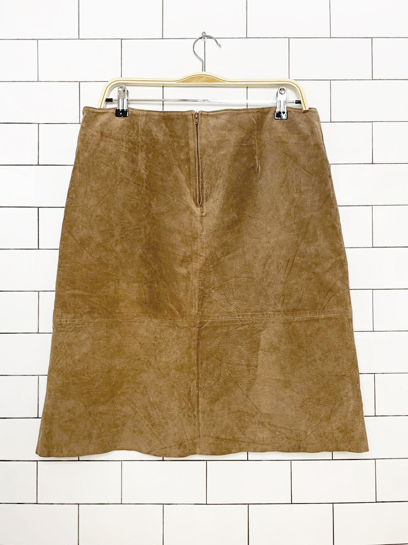 vintage 00s rw&co suede corset waist knee-length raw hem skirt