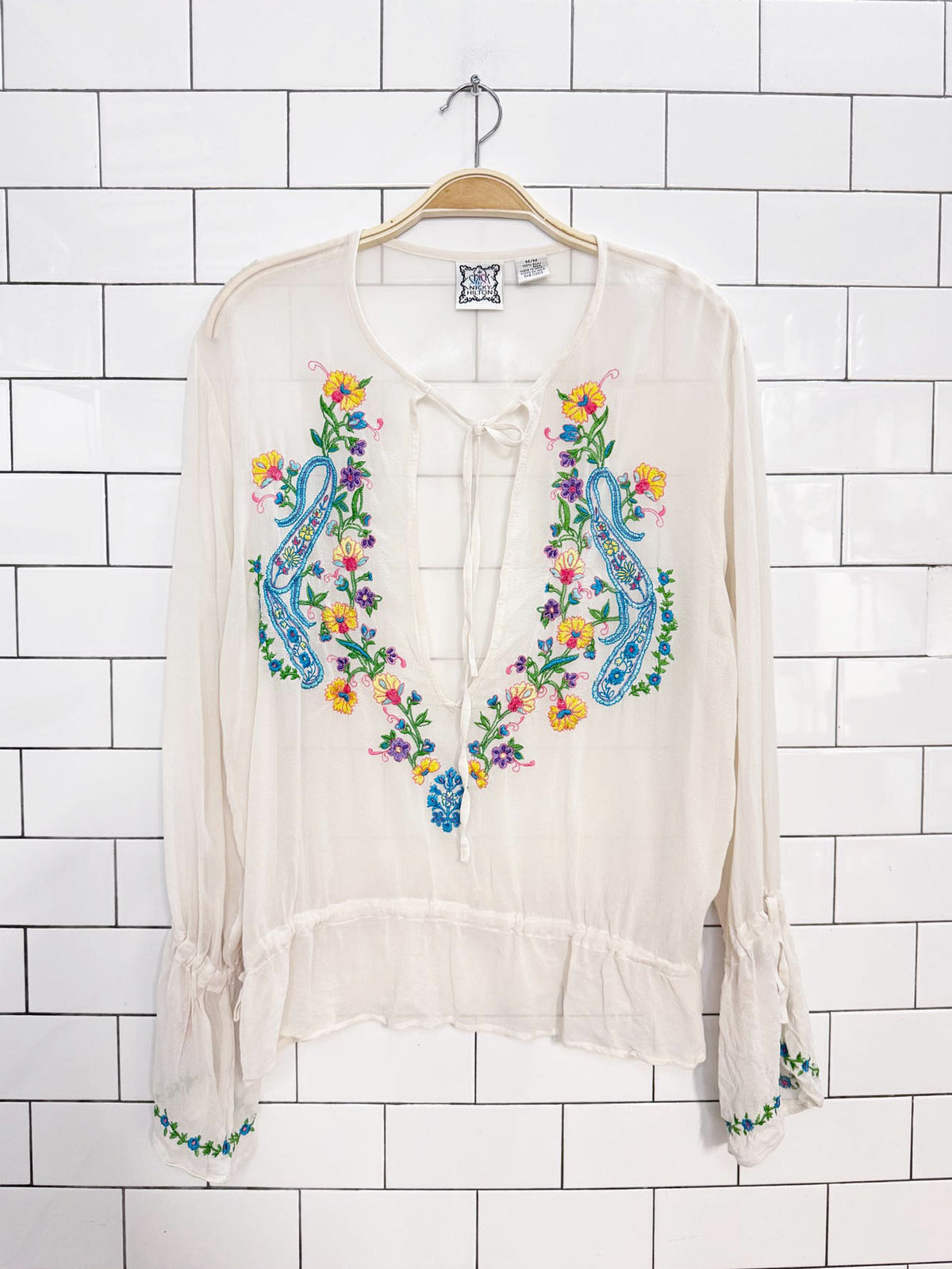 y2k chick by nicky hilton 100% silk chiffon boho embroidered peasant blouse