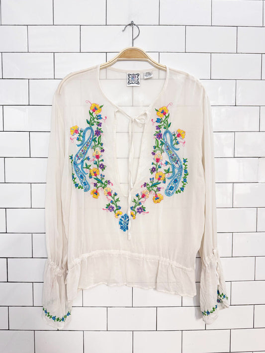 y2k chick by nicky hilton 100% silk chiffon boho embroidered peasant blouse