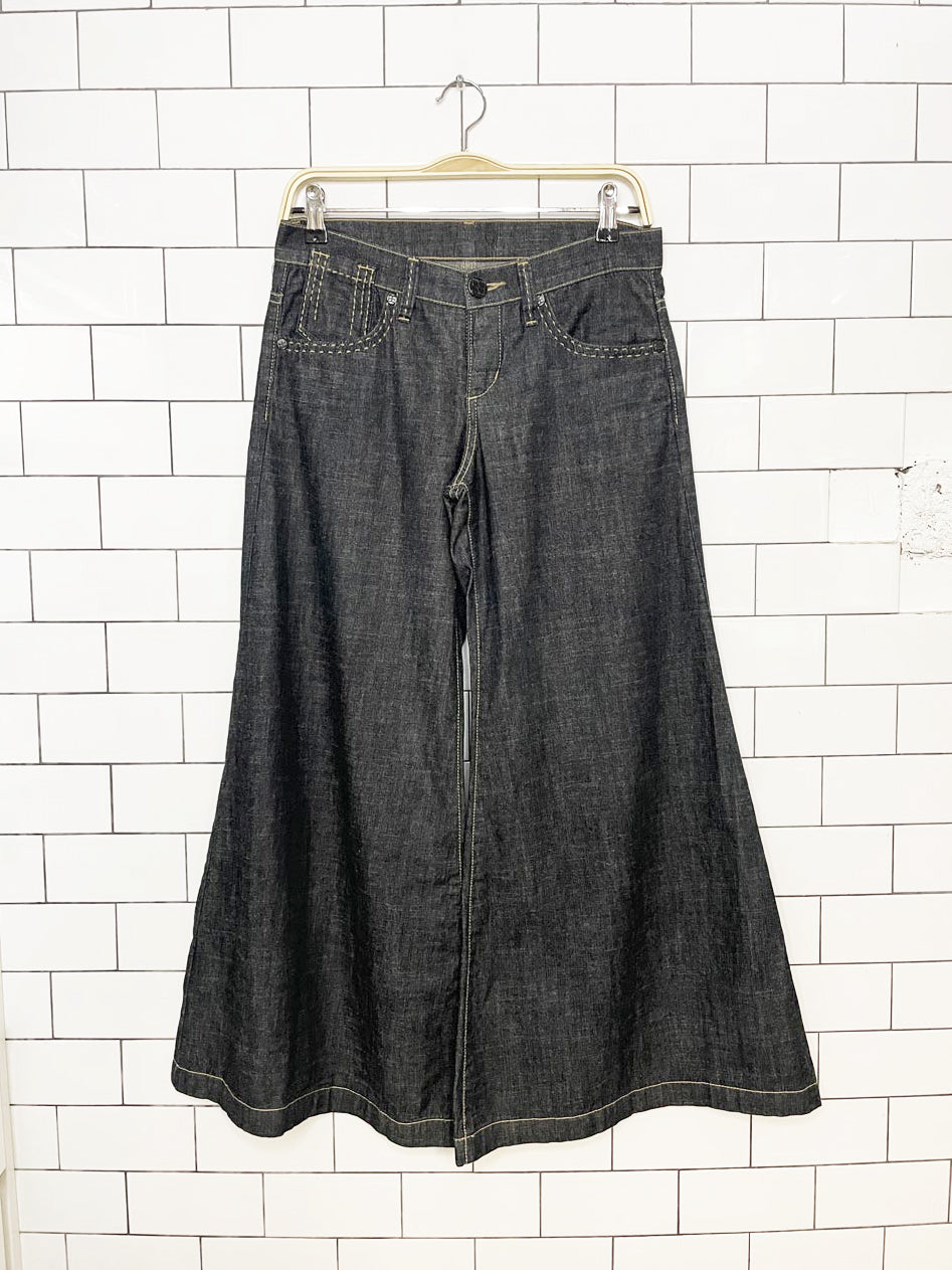 y2k bcbg contrast stitch wide leg flare jean culottes