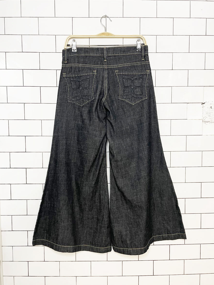 y2k bcbg contrast stitch wide leg flare jean culottes