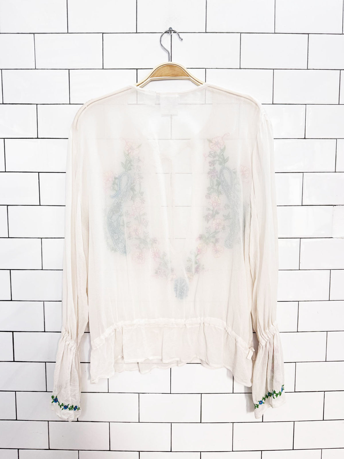y2k chick by nicky hilton 100% silk chiffon boho embroidered peasant blouse