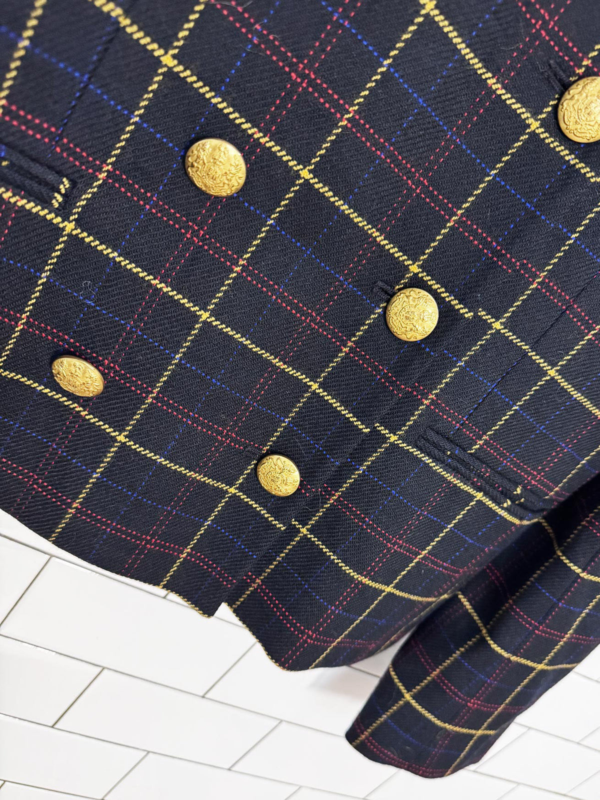 vintage jones new york 100% wool double breasted plaid jacket | velvet collar