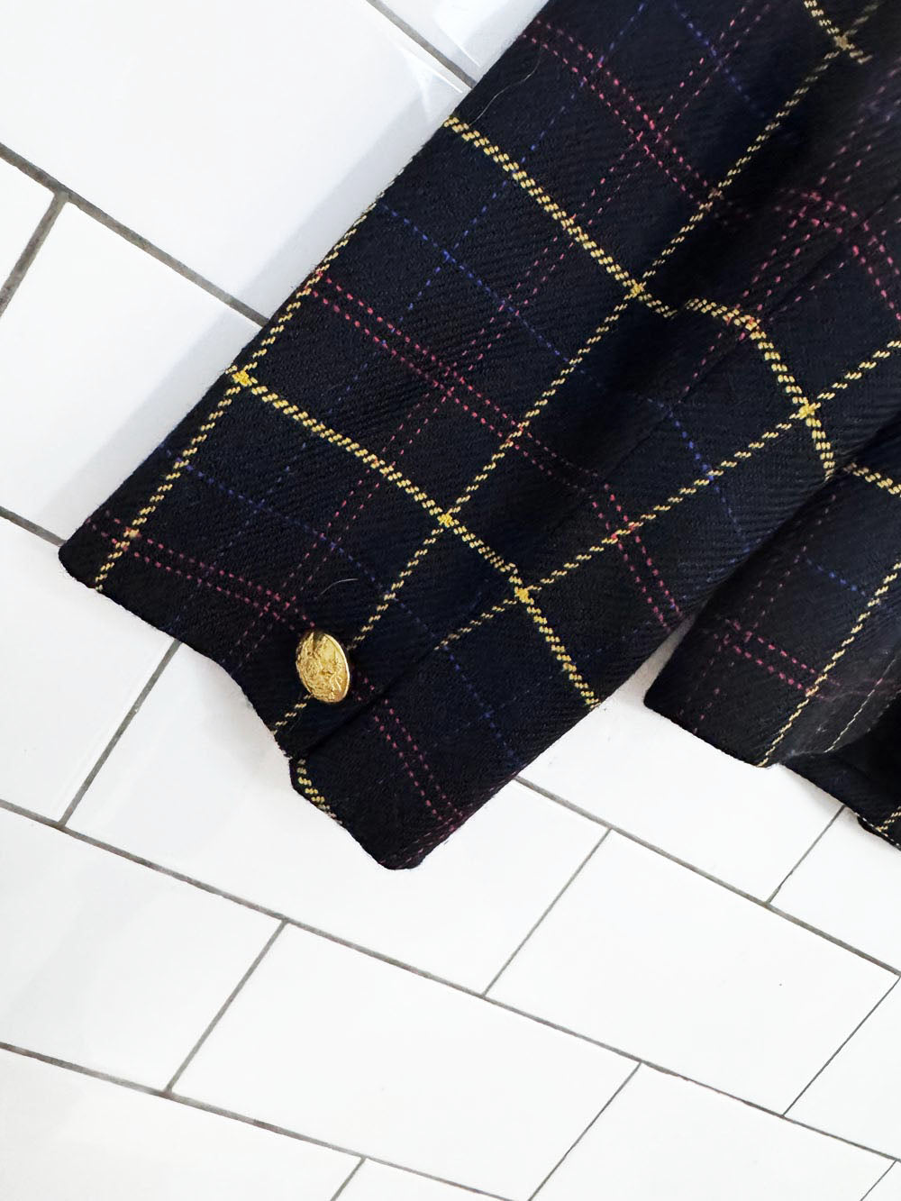 vintage jones new york 100% wool double breasted plaid jacket | velvet collar