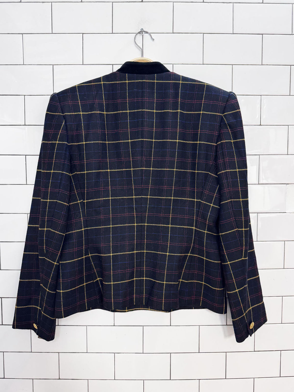 vintage jones new york 100% wool double breasted plaid jacket | velvet collar