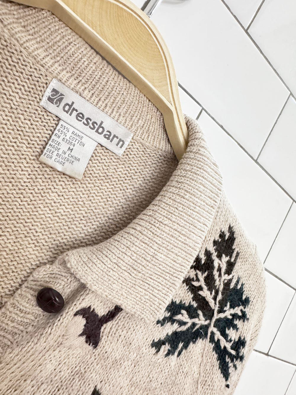 vintage dressbarn ramie-blend fall leaves boxy knit cardigan