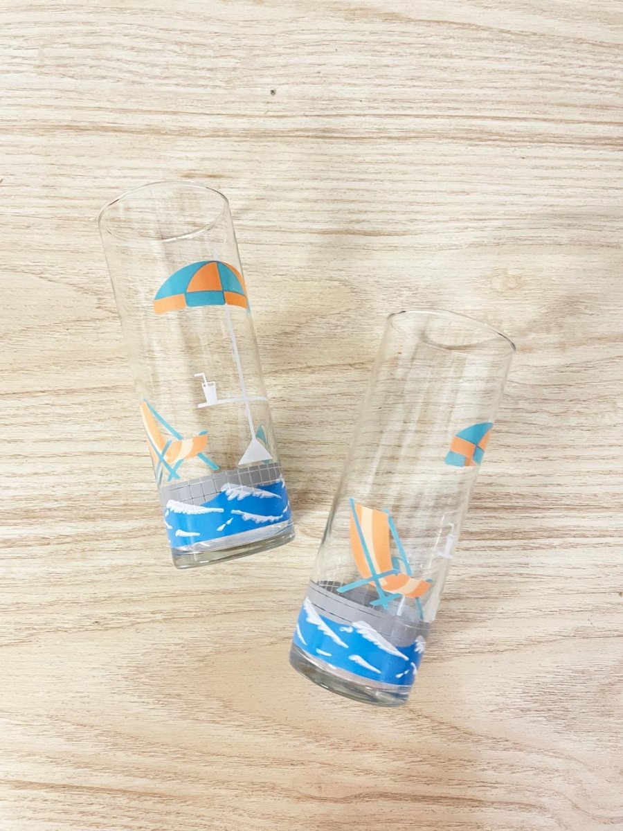 x2 vintage pastel beach scene highball glasses - good market thrift store
