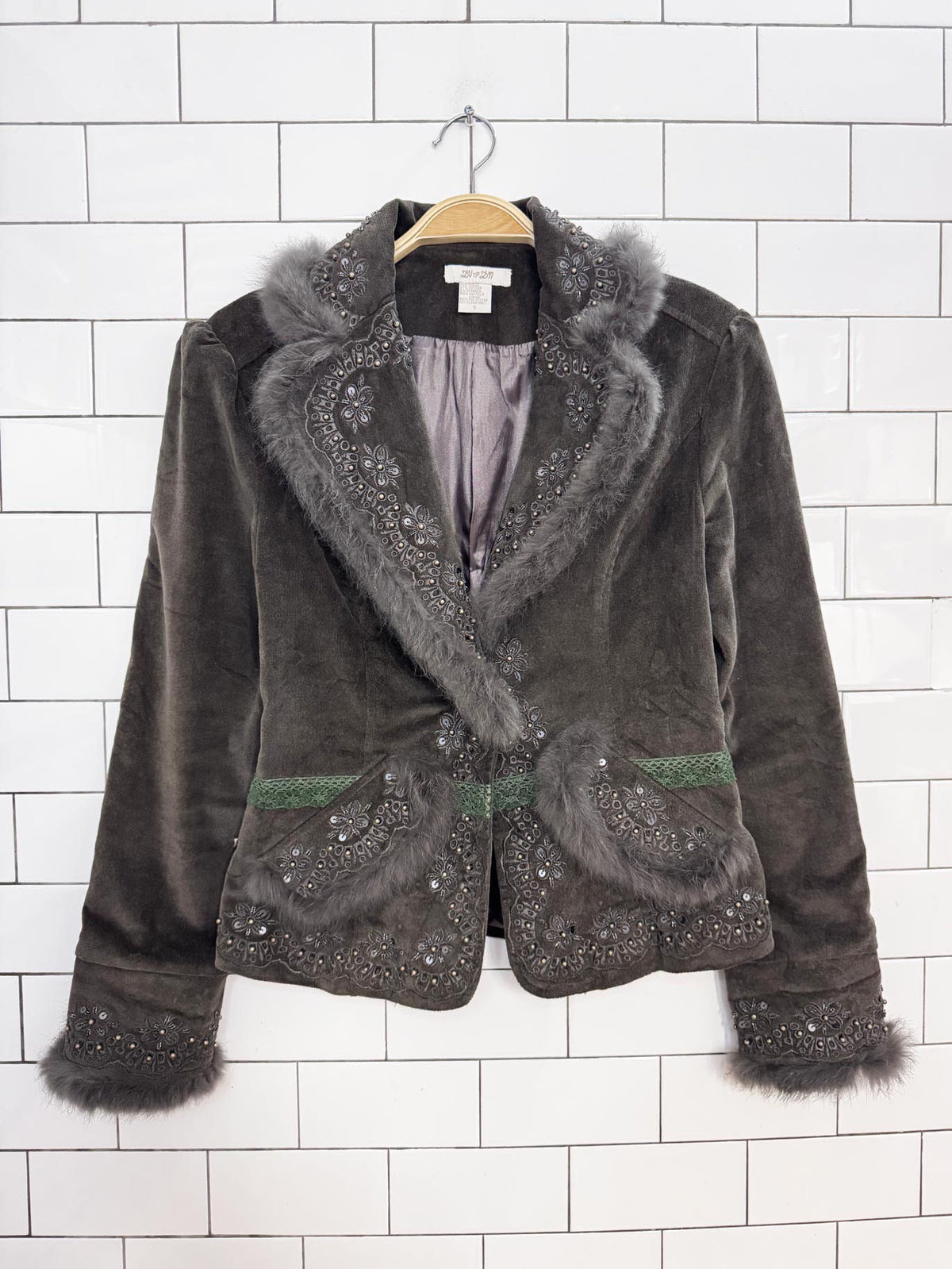 y2k DV♥️DN angora trim boho embroidered velvet blazer jacket