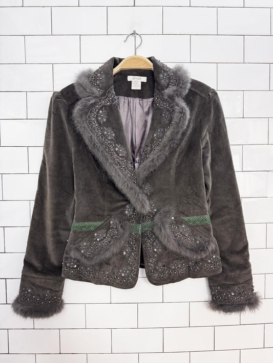 y2k DV♥️DN angora trim boho embroidered velvet blazer jacket