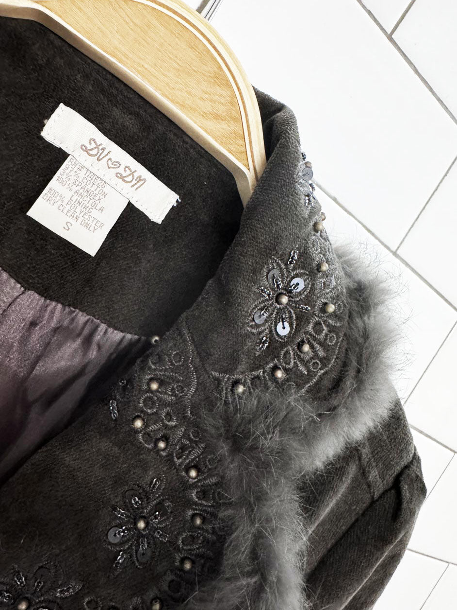 y2k DV♥️DN angora trim boho embroidered velvet blazer jacket