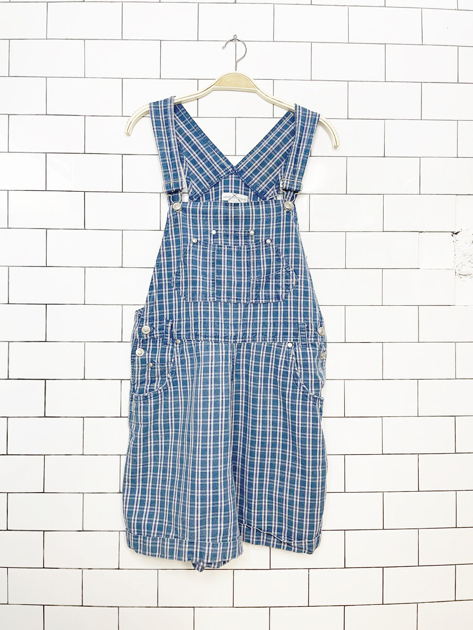 y2k xhileration denim plaid short overalls