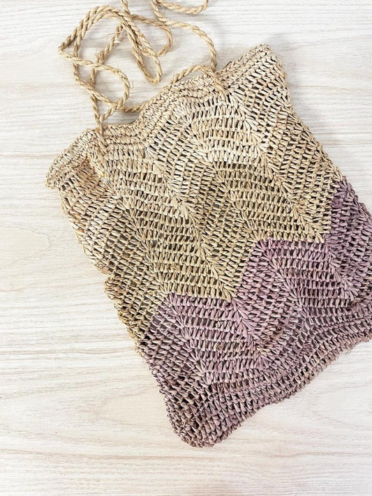 vintage straw zig - zag shoulder tote - good market thrift store