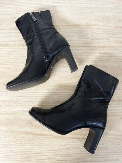y2k spring leather square toe heeled boots - good market thrift store
