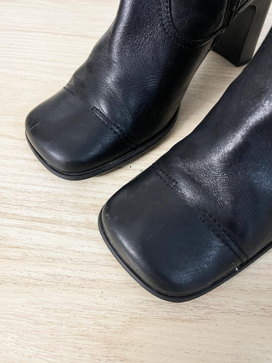 y2k spring leather square toe heeled boots - good market thrift store
