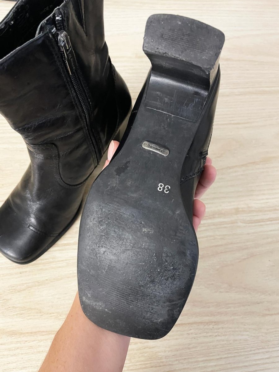 y2k spring leather square toe heeled boots - good market thrift store