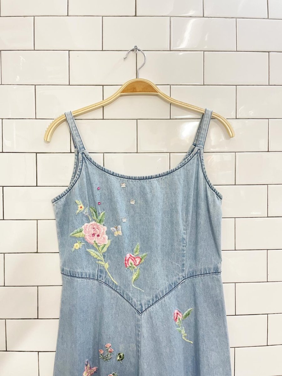 vintage 90s together floral embroidered denim midi dress - good market thrift store