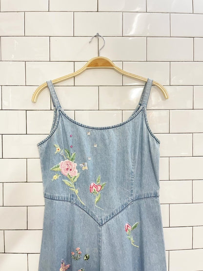 vintage 90s together floral embroidered denim midi dress - good market thrift store