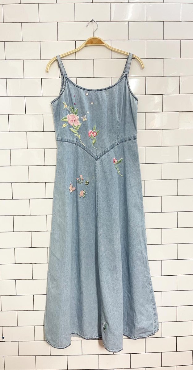 vintage 90s together floral embroidered denim midi dress - good market thrift store
