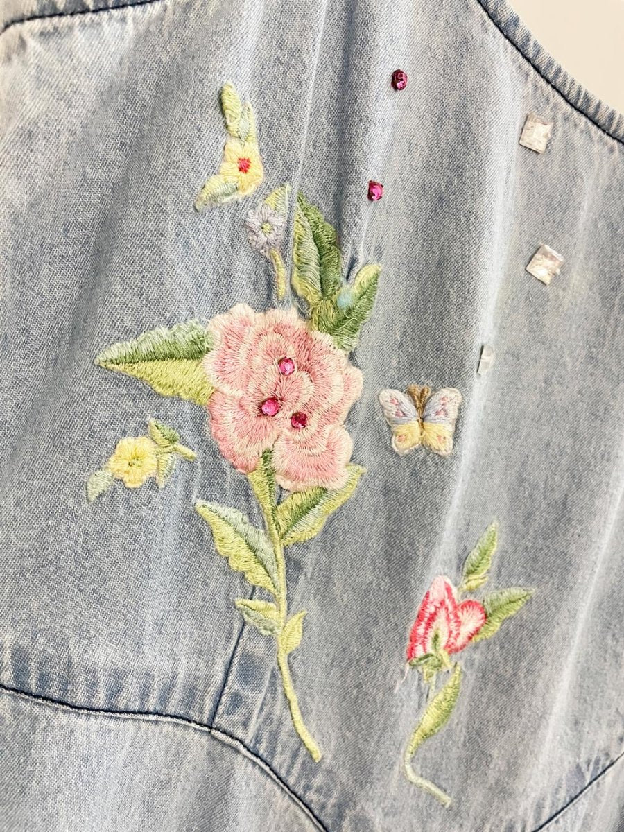 vintage 90s together floral embroidered denim midi dress - good market thrift store