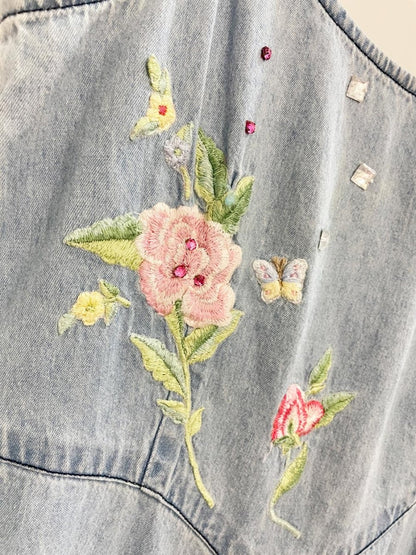 vintage 90s together floral embroidered denim midi dress - good market thrift store