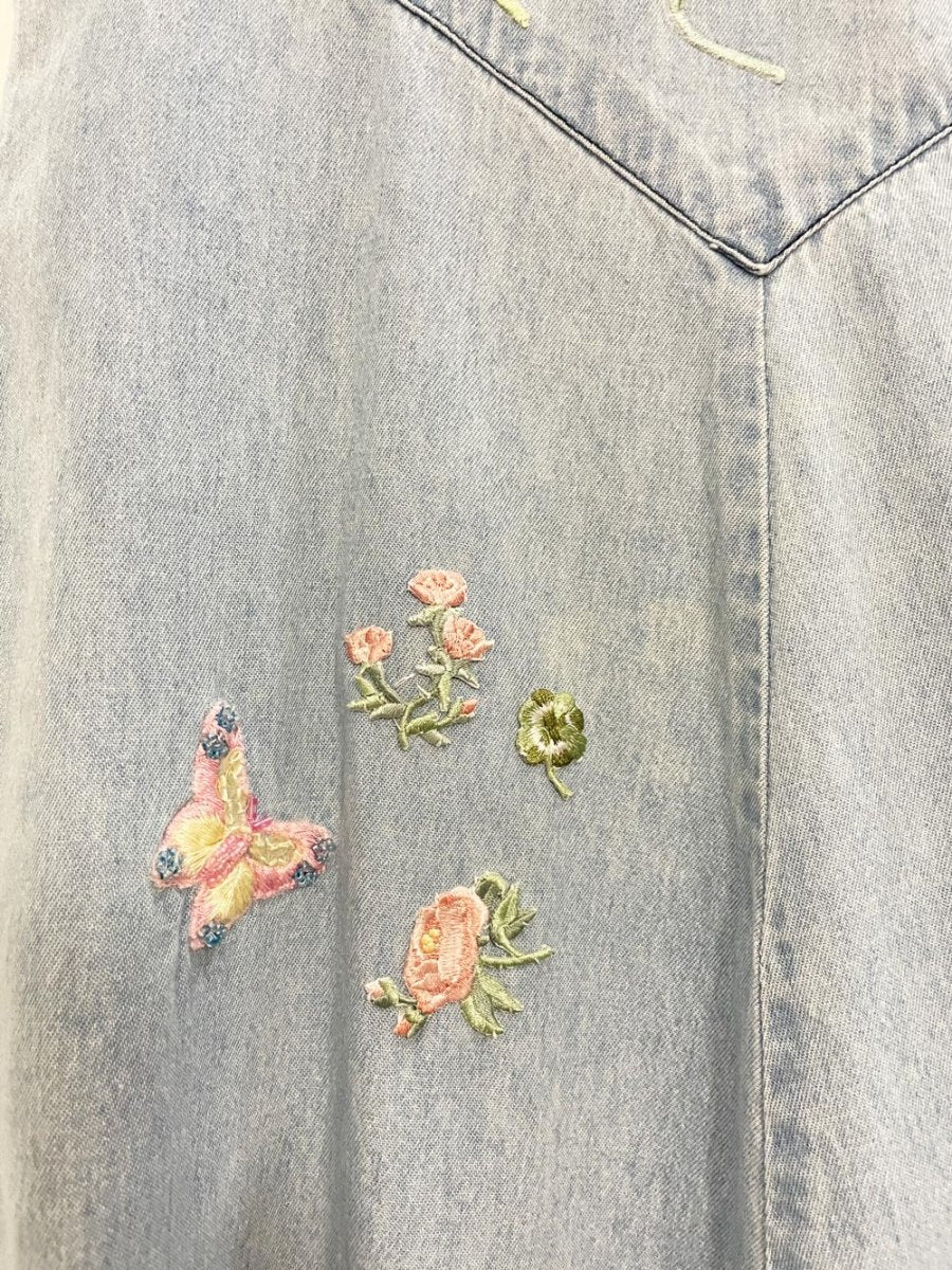 vintage 90s together floral embroidered denim midi dress - good market thrift store