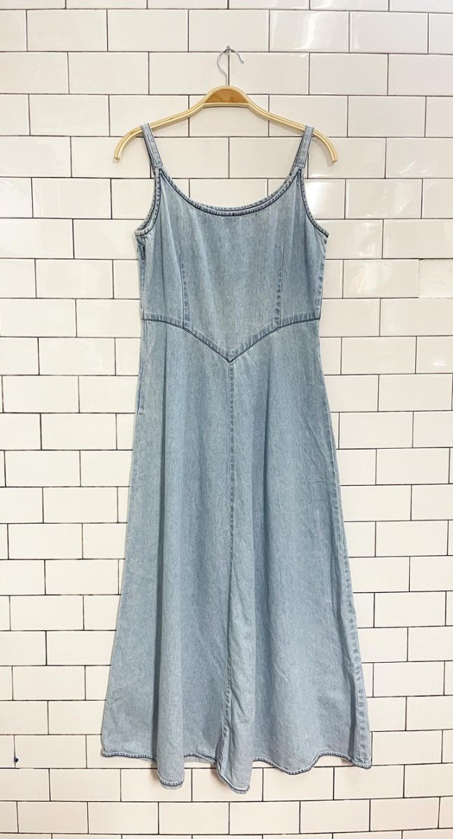 vintage 90s together floral embroidered denim midi dress - good market thrift store