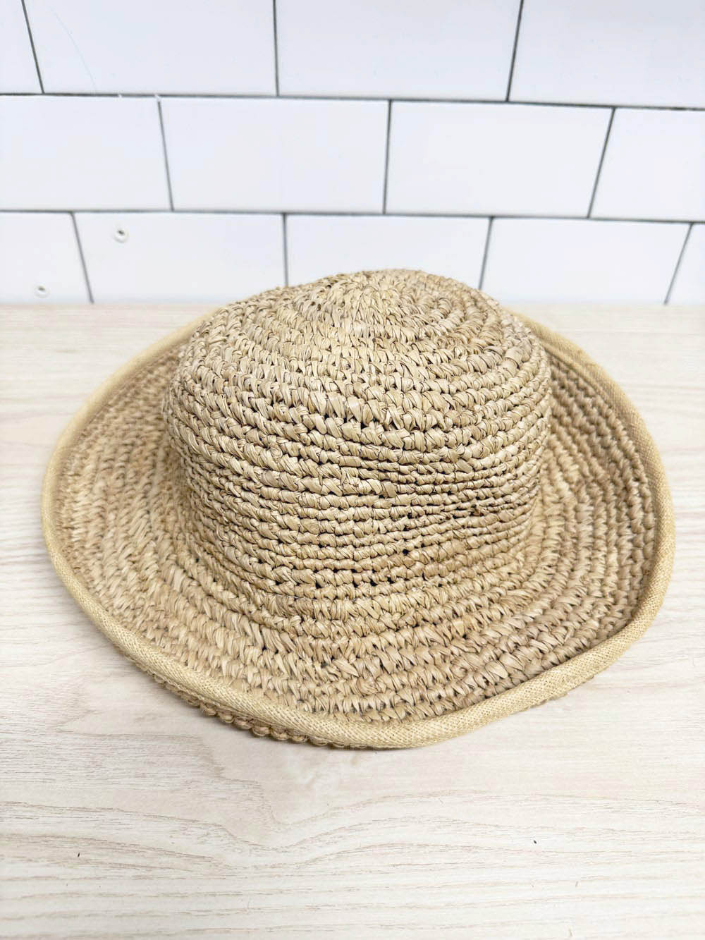 woven raffia canvas rimmed bucket hat