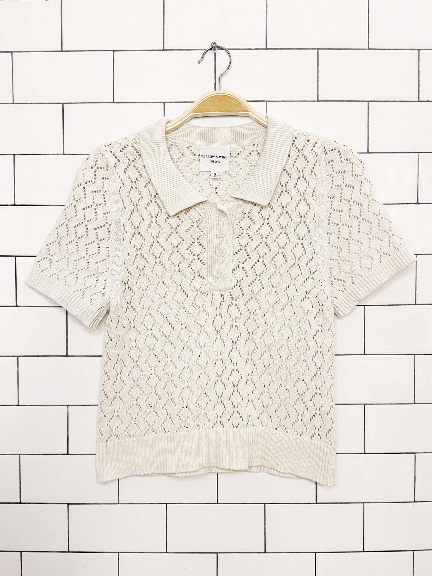 willow & wind crochet knit collared short sleeve top