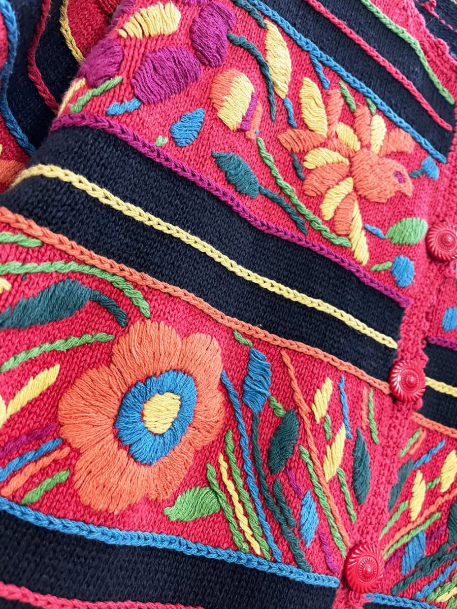 vintage 90s knitting needles heavy knit floral animal embroidered cardigan - good market thrift store