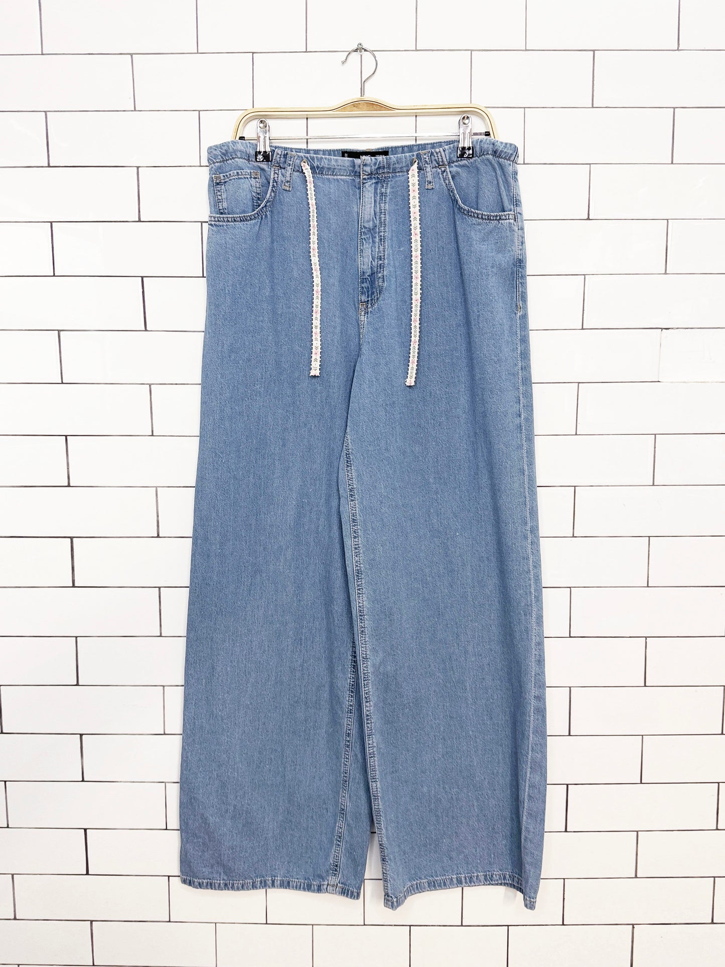 mango flower ribbon drawstring chambray wide leg jeans