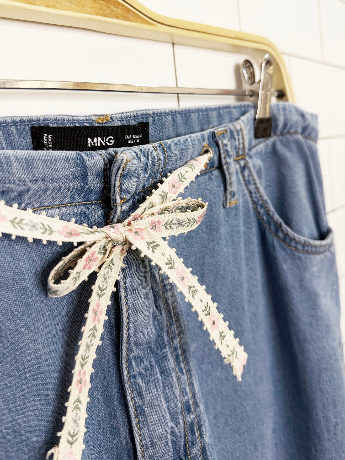 mango flower ribbon drawstring chambray wide leg jeans