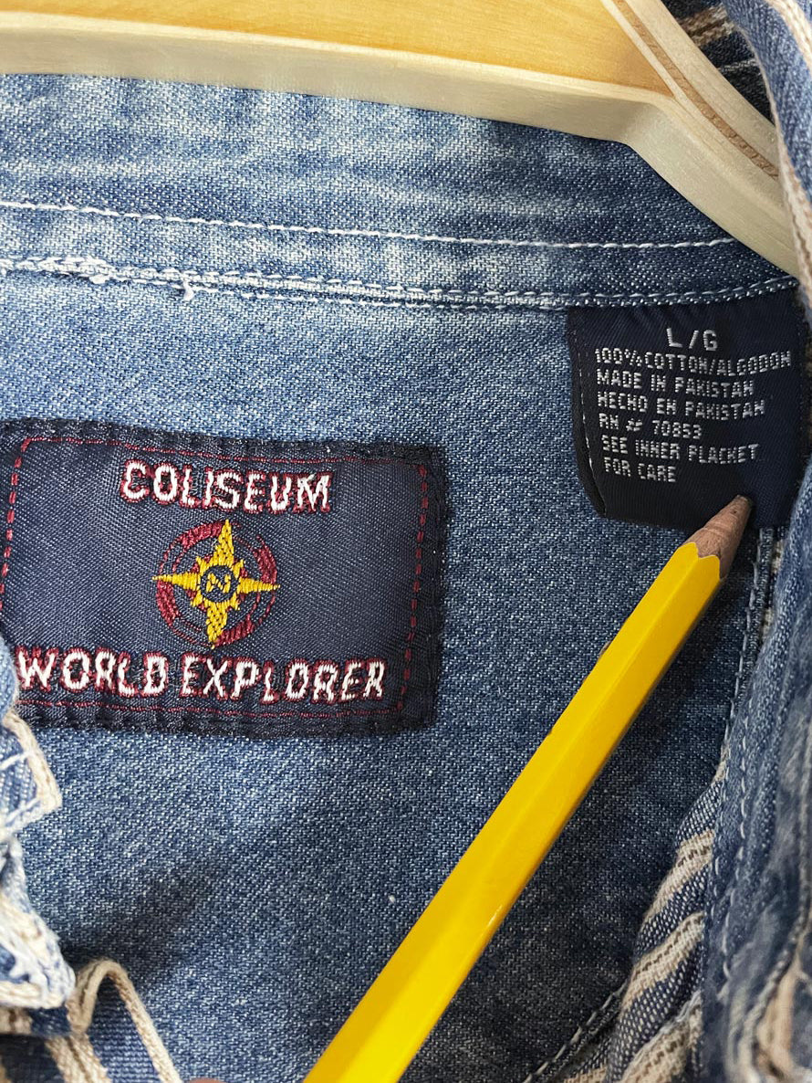 vintage 90s coliseum world explorer blue stripe full button denim shirt